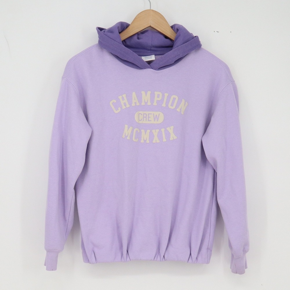 Champion Hoodie Girls L 14 Two-Tone Purple MCMXIX Graphic Elastic Hem Excellent